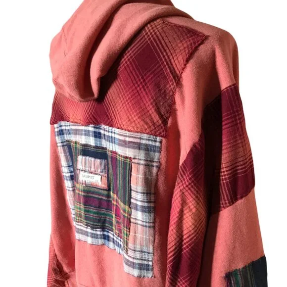Coral Patchwork Upcycled Hoodie, Size M-L: Boho Cottagecore Zip-Up Jacket - Picture 13 of 15